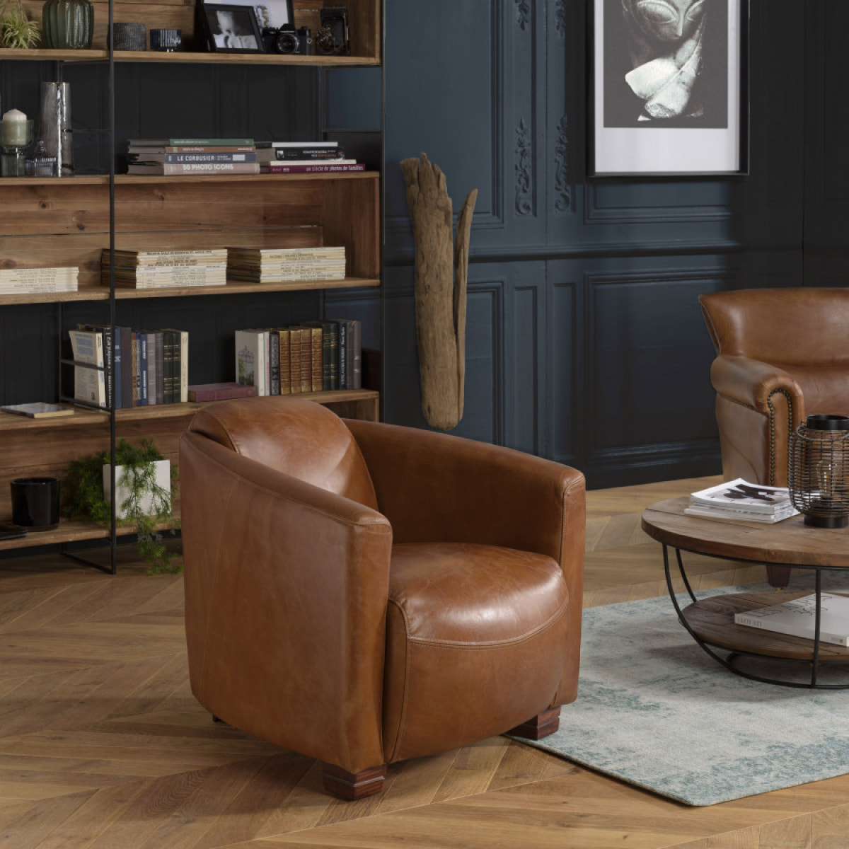 GASTON - Fauteuil marron CHICAGO vintage cuir pieds bois