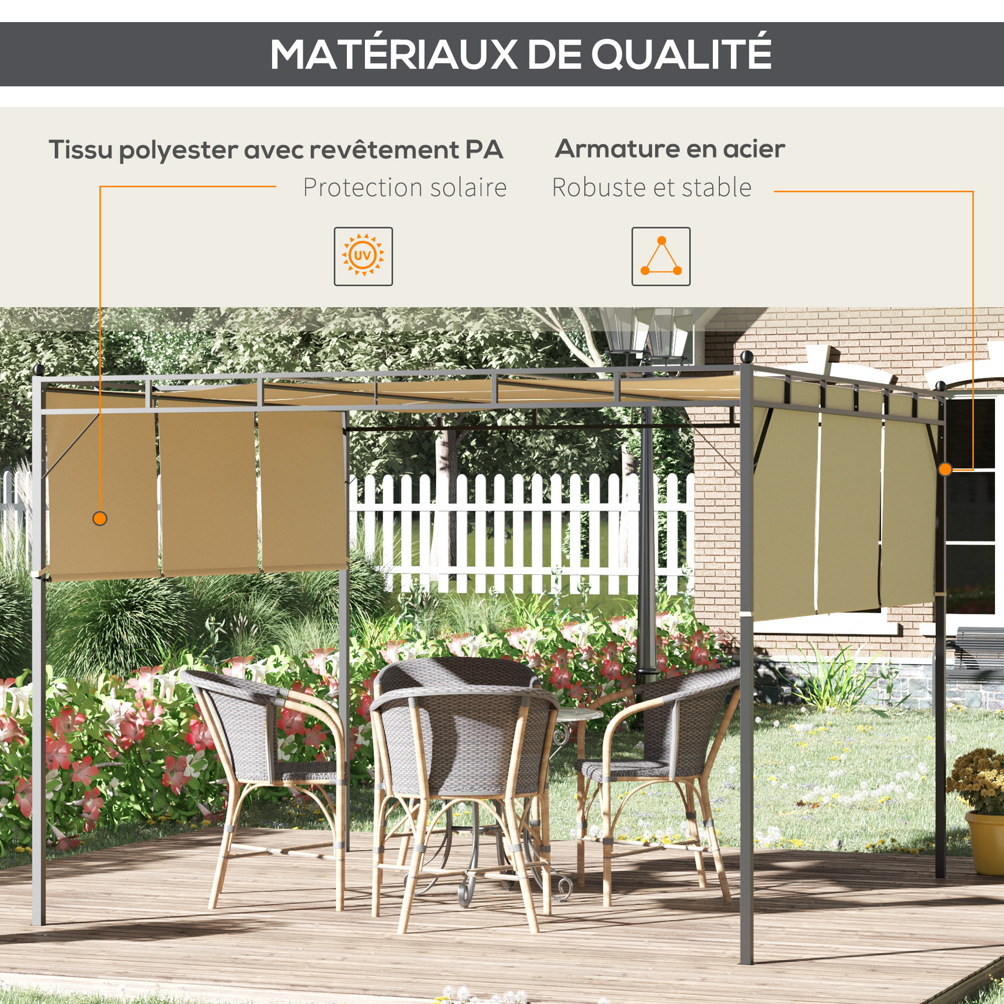 Pergola rétractable dim. 3L x 3l x 2,2H m structure acier époxy anticorrosion noir triple toile polyester haute densité beige