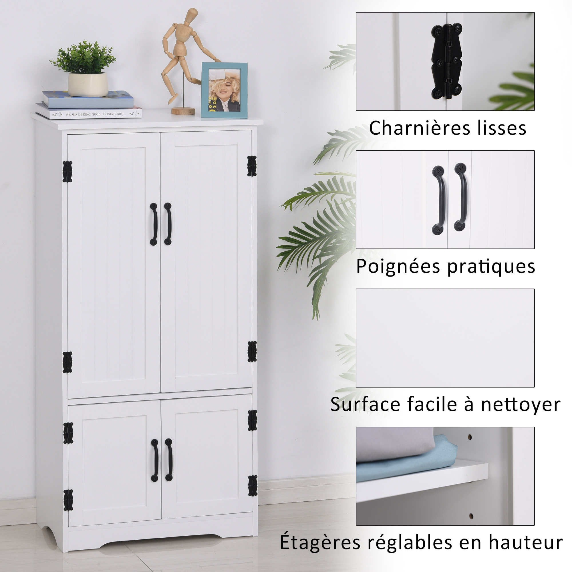 Armoire de cuisine contemporaine multi-rangements 2 placards 3 étagères MDF panneaux particules blanc