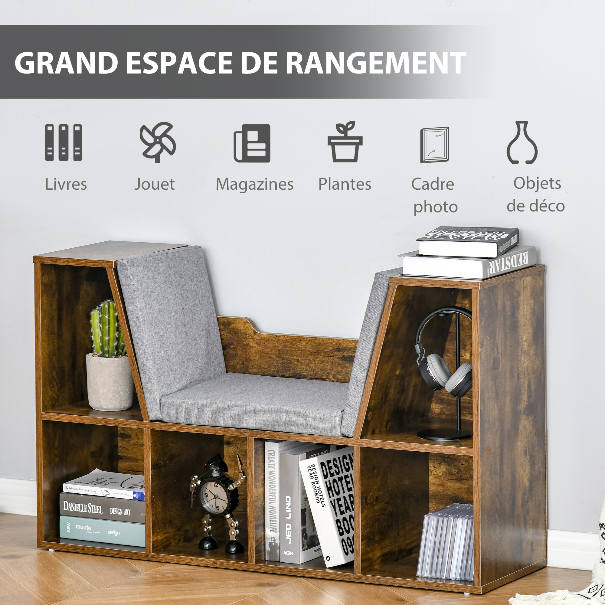 Bibliothèque banc 2 en 1 design contemporain 6 casiers 3 coussins fournis 102L x 30l x 61H cm aspect bois vieilli gris