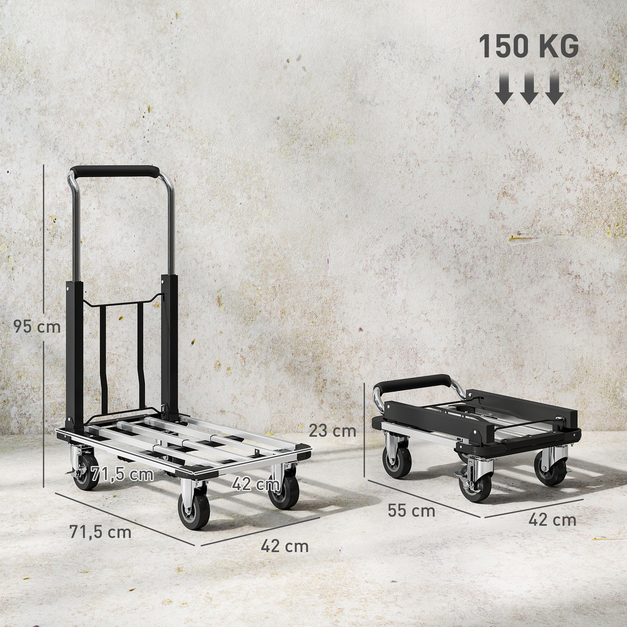 Carretilla Plegable de Aluminio con Ruedas, Carga 150 kg, Carretilla de Mano Robusta con Plataforma Extensible y Mango Ajustable, para Garaje, Oficina, Equipaje, Viajes y Compras, Plata y Negro
