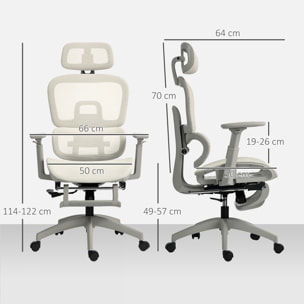 Silla de Oficina Ergonómica de Malla, Silla de Escritorio con Reposabrazos 3D, Reclinable a 135°, Reposacabezas Ajustable, Respaldo Alto, Soporte Lumbar, Reposapiés, Altura Ajustable, Beige