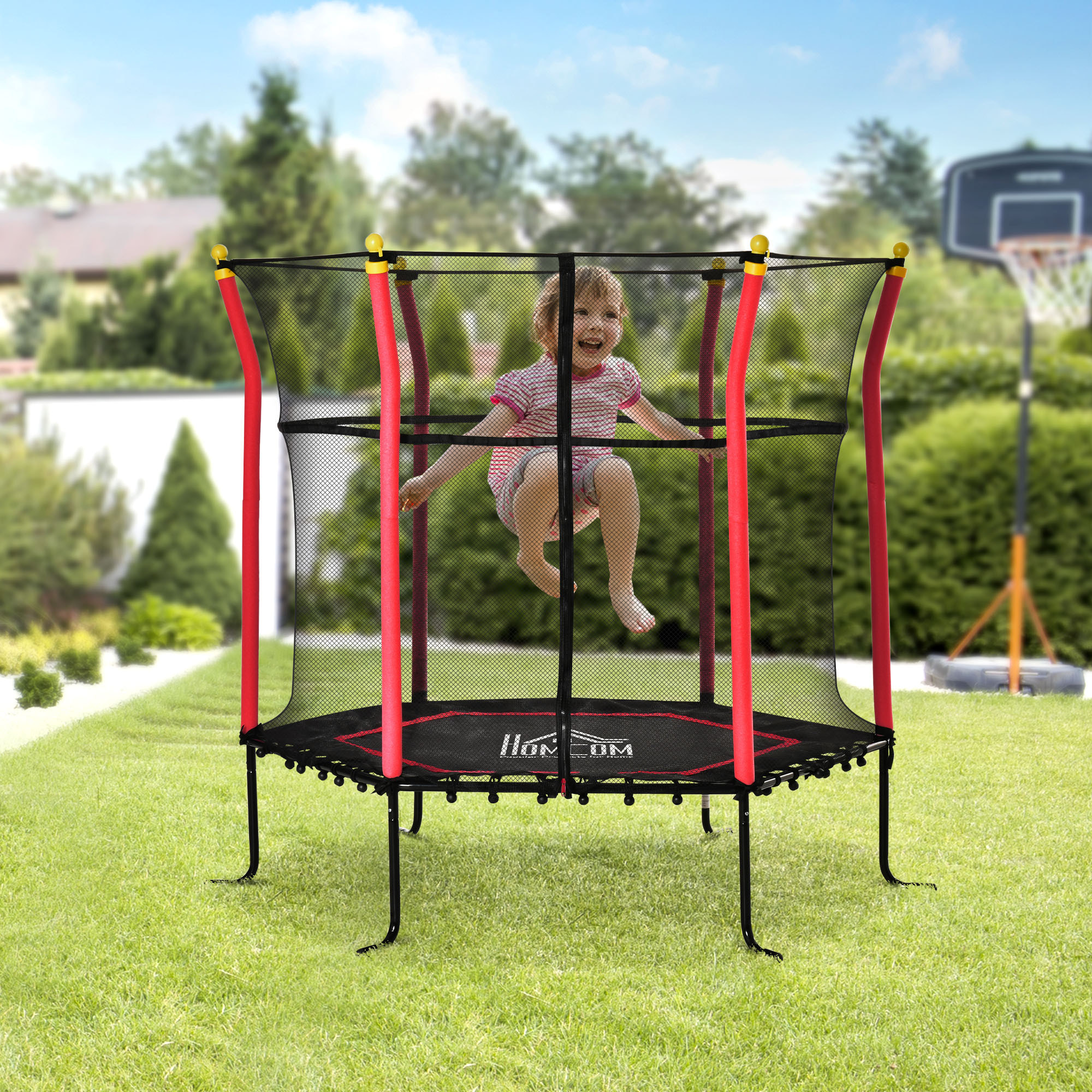 Cama Elástica Infantil de Jardín Trampolín para Niños de +3 Años con Superficie de Salto Ø120 cm Red de Seguridad Acero para Interior Exterior Ø160x163,5 cm Negro y Rojo