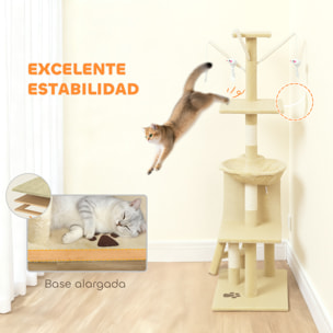 Árbol Rascador para Gatos Grande, Árbol para Gatos, Altura 134 cm, Torre de Escalada con 6 Postes de Sisal, 3 Plataformas, 1 Cueva, 1 Hamaca, 1 Escalera, 4 Juguetes Colgantes, Beige