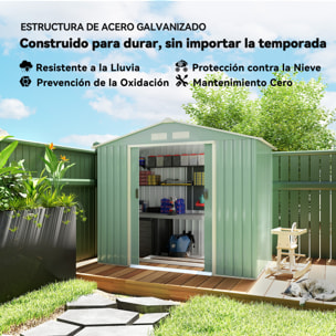 Caseta de Jardín Exterior, 2,5 m² 213x130x185 cm, Cobertizo de Jardín Exterior Metálico con 2 Puertas Correderas, Base Refuerzo (Suelo NO Incluido) y 4 Ventanas Verde Claro