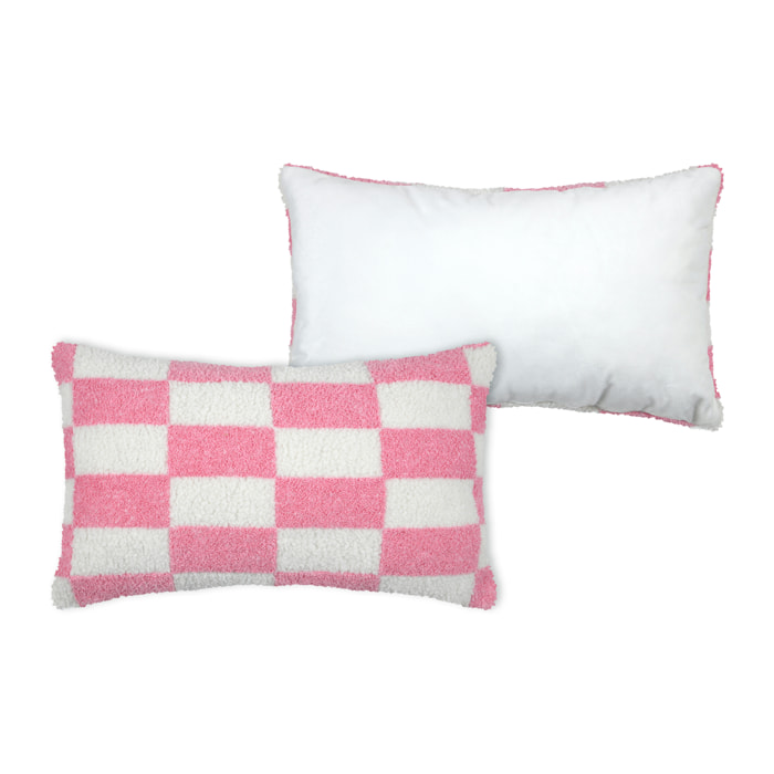 Coussin rectangulaire en bouclette à motif damier - Rose