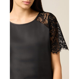 Oltre - Blusa in raso con parti in pizzo - Nero