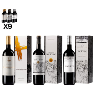 Pack 9 botellas de vino RIBERA DEL DUERO. 3x Reserva especial Piedras de San Pedro, 3x Loculto Crianza, 3x Loculto selección 9. Caja de regalo individual Premium.