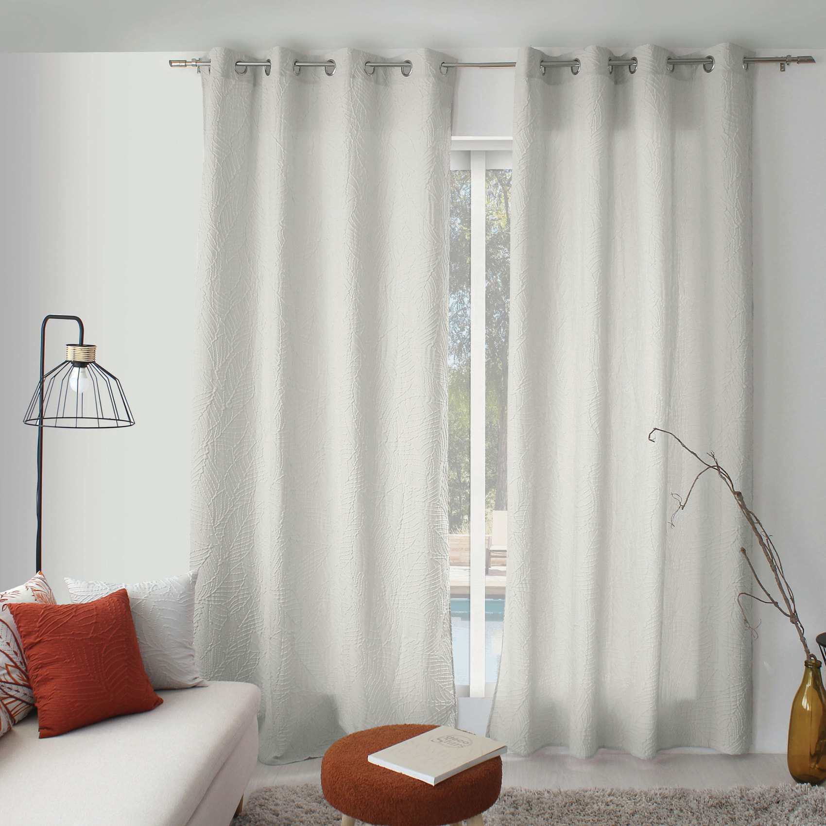 Rideau à oeillets feuillage aspect gaufré - Ecru