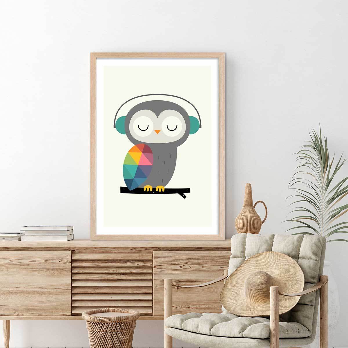 Affiche  hibou music Affiche + cadre en bois - Chêne