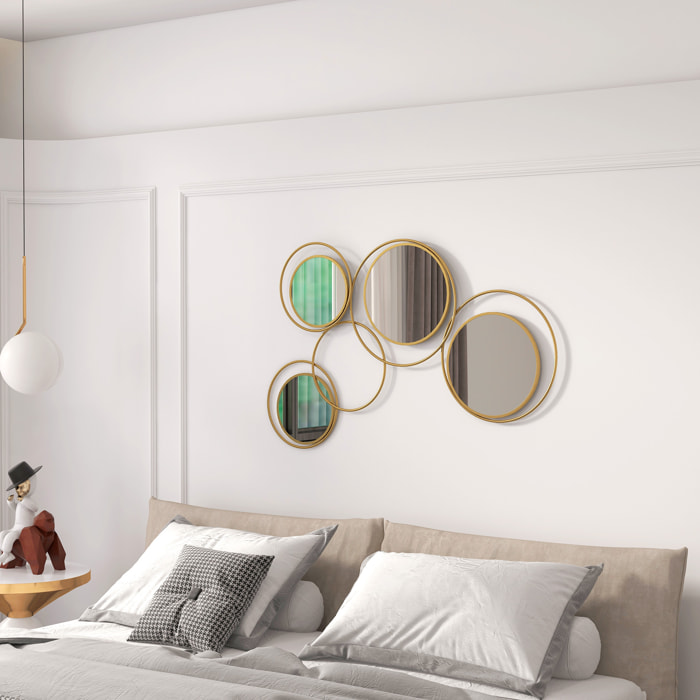 Espejo Decorativo de Pared de Metal 3D Adorno de Pared Metálico con 4 Espejos Redondos para Salón Dormitorio Pasillo 110x68 cm Dorado