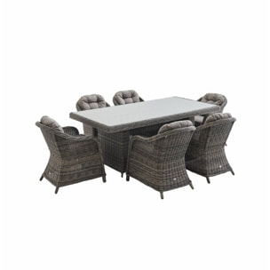 Table de jardin en résine tressée arrondie - Lecco Gris - Coussins beige - 6 places - 6 fauteuils. une grande table