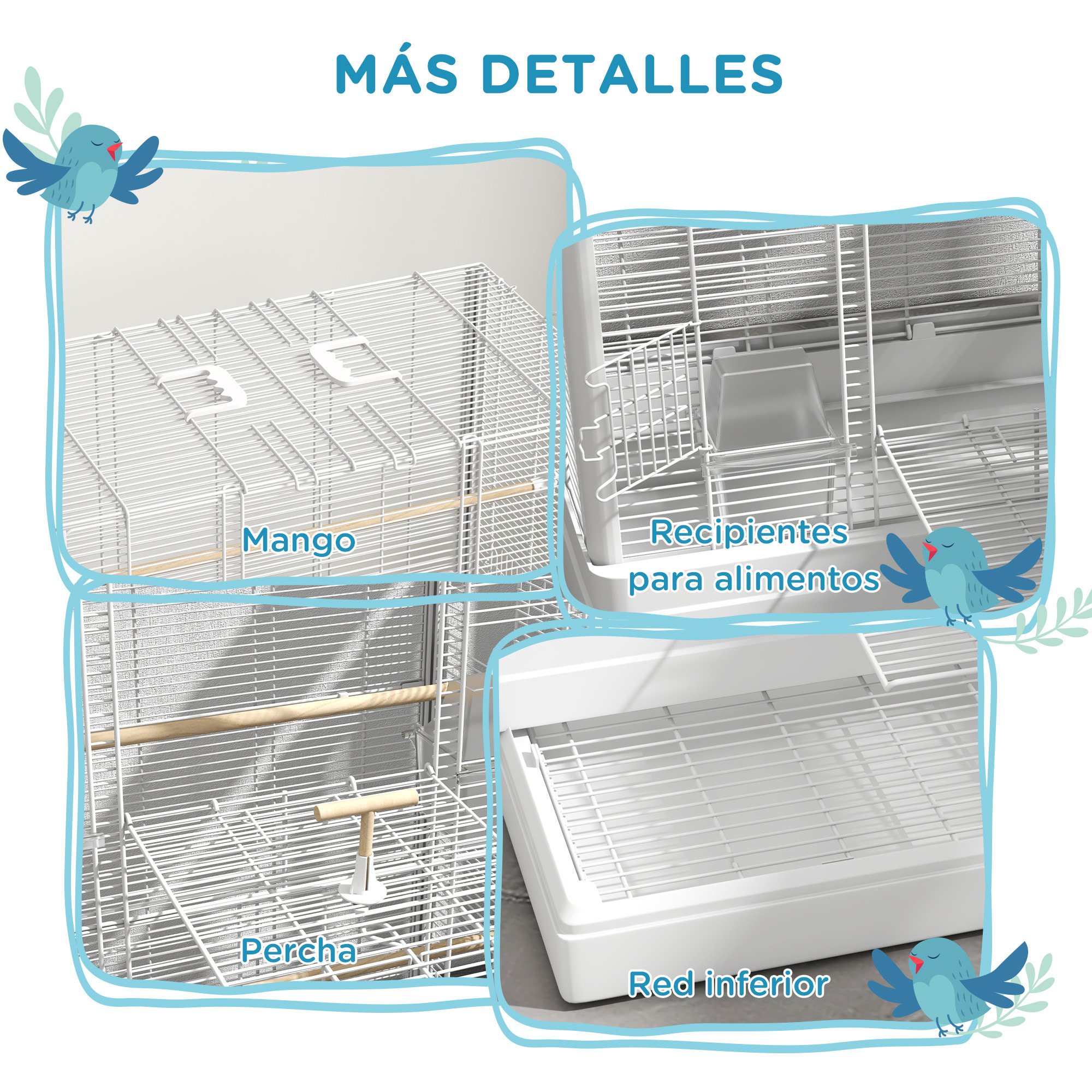 Jaula para Pájaros 61x36,5x98 cm Pajarera con Puertas Perchas Bandeja Extraíble Cajas de Comidas y Asas Jaula para Ninfas Periquitos Pinzones Canarios Blanco