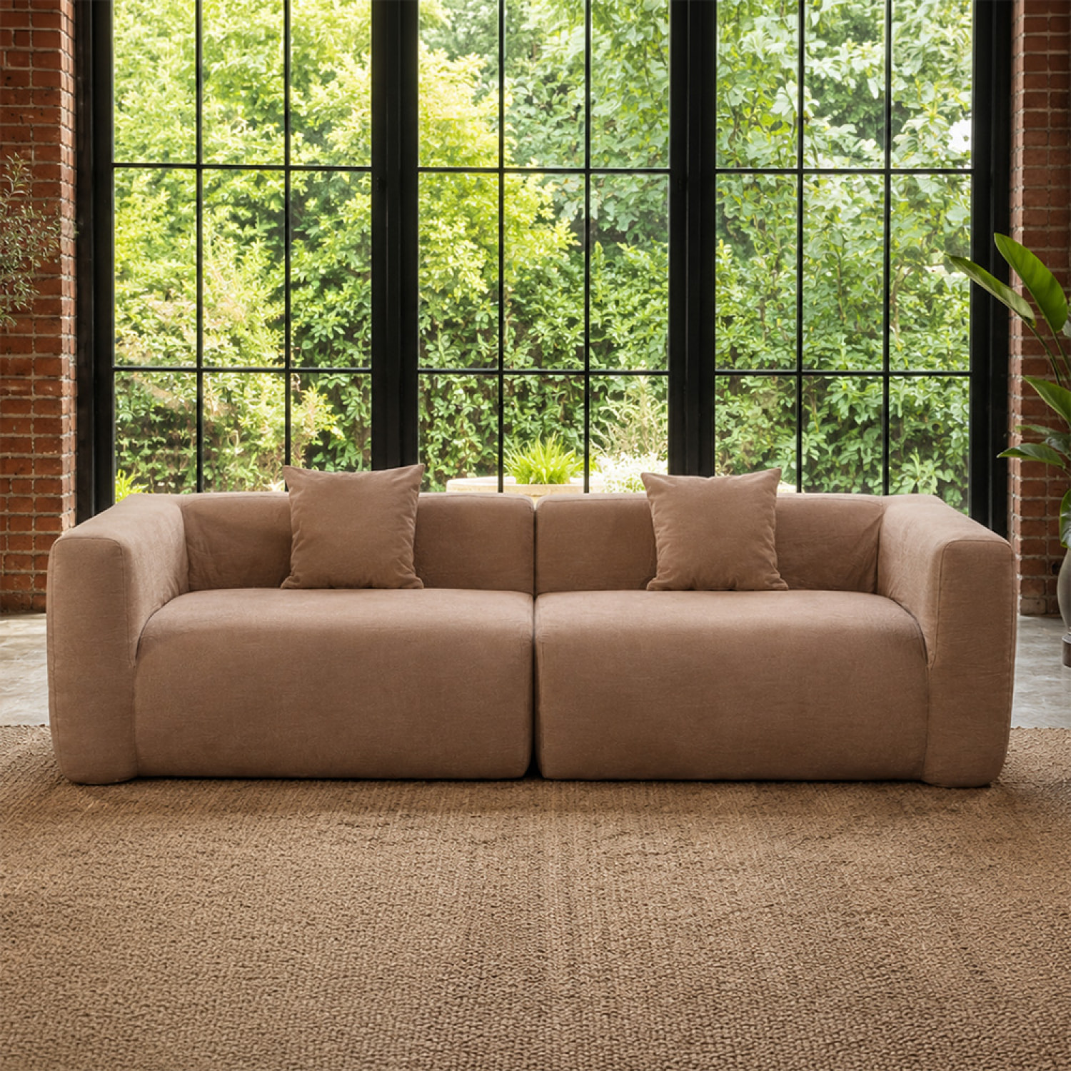 Canapé compressé 4 places en tissu effet laine texturée taupe JUMBO