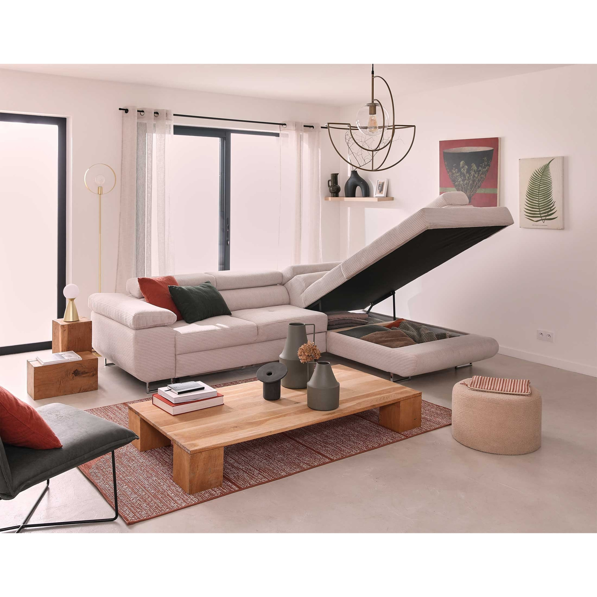 Zaria - canapé d'angle droit - convertible avec coffre et têtières réglables - 5 places - en velours côtelé - Beige