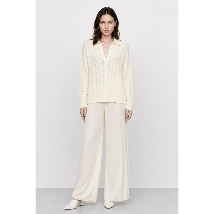 Kocca - Maglia da donna in lana a trecce con colletto e scollo a V Donna