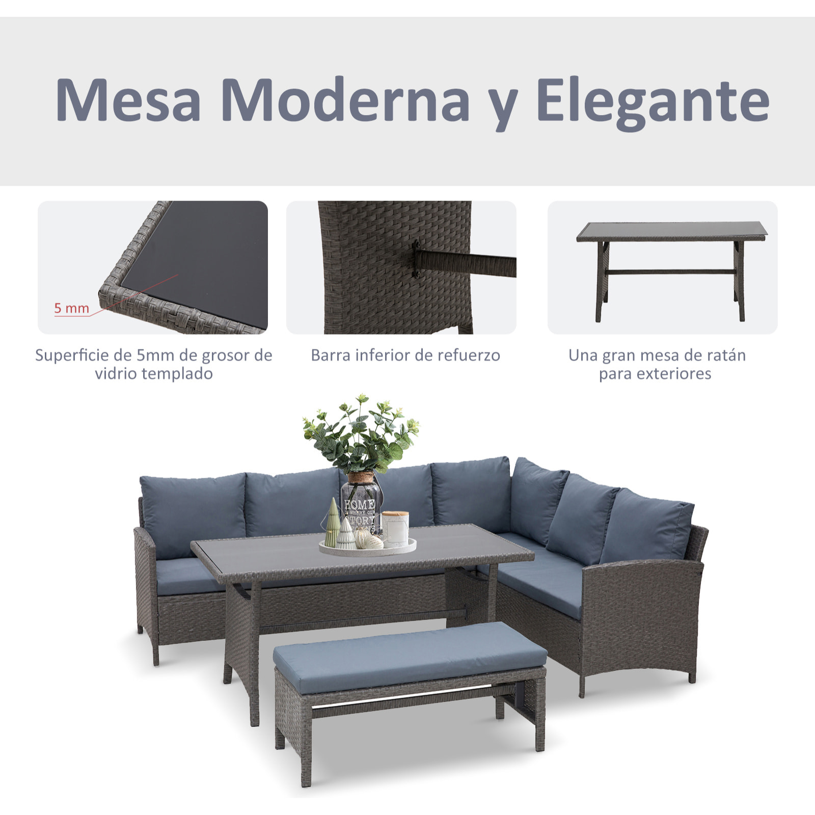 Conjunto 4 Piezas Muebles de Ratán con Cojines Acolchados Tubo de Hierro Vidrio Templado Gris