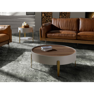 Mesa centro redonda en madera de MDF en beige y tapa de madera chapada en nogal natural 92x92x35cm