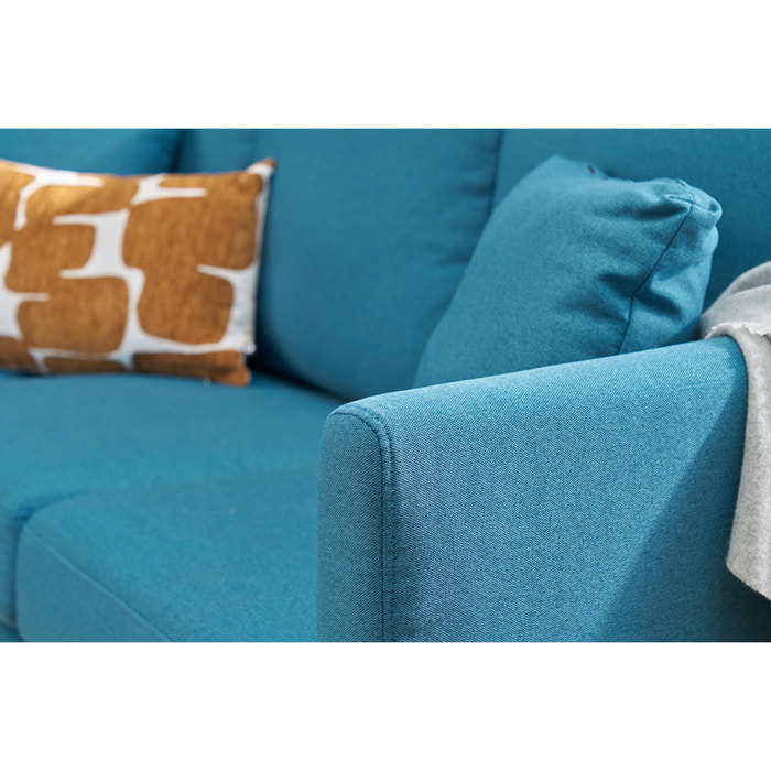 Canapé d'angle gauche scandinave bleu canard déhoussable et bois clair 3-4 places OSLO