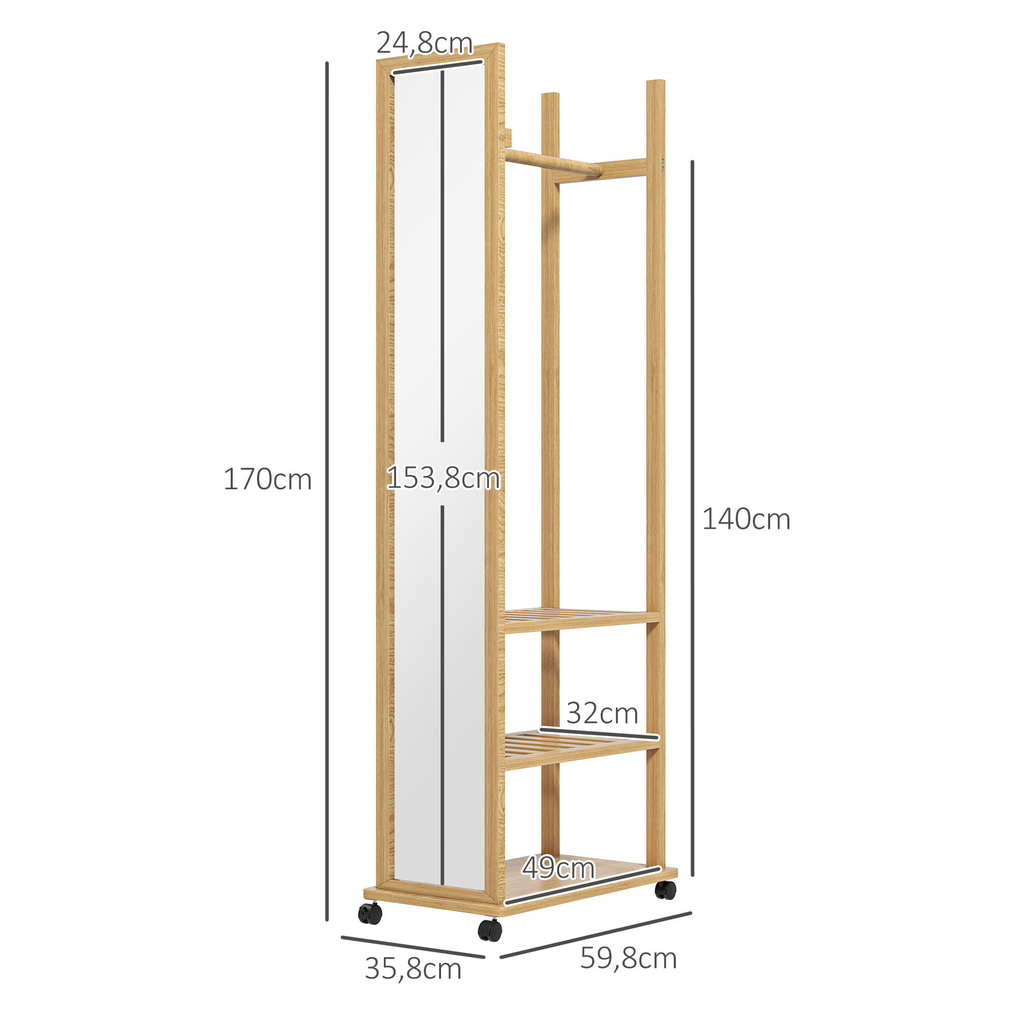 Miroir sur pied avec roulettes - portant, 3 étagères - dim. 59L x 35P x 170H cm - bois de jabon verni