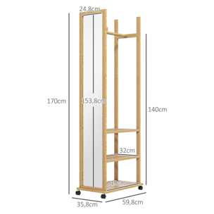 Miroir sur pied avec roulettes - portant, 3 étagères - dim. 59L x 35P x 170H cm - bois de jabon verni