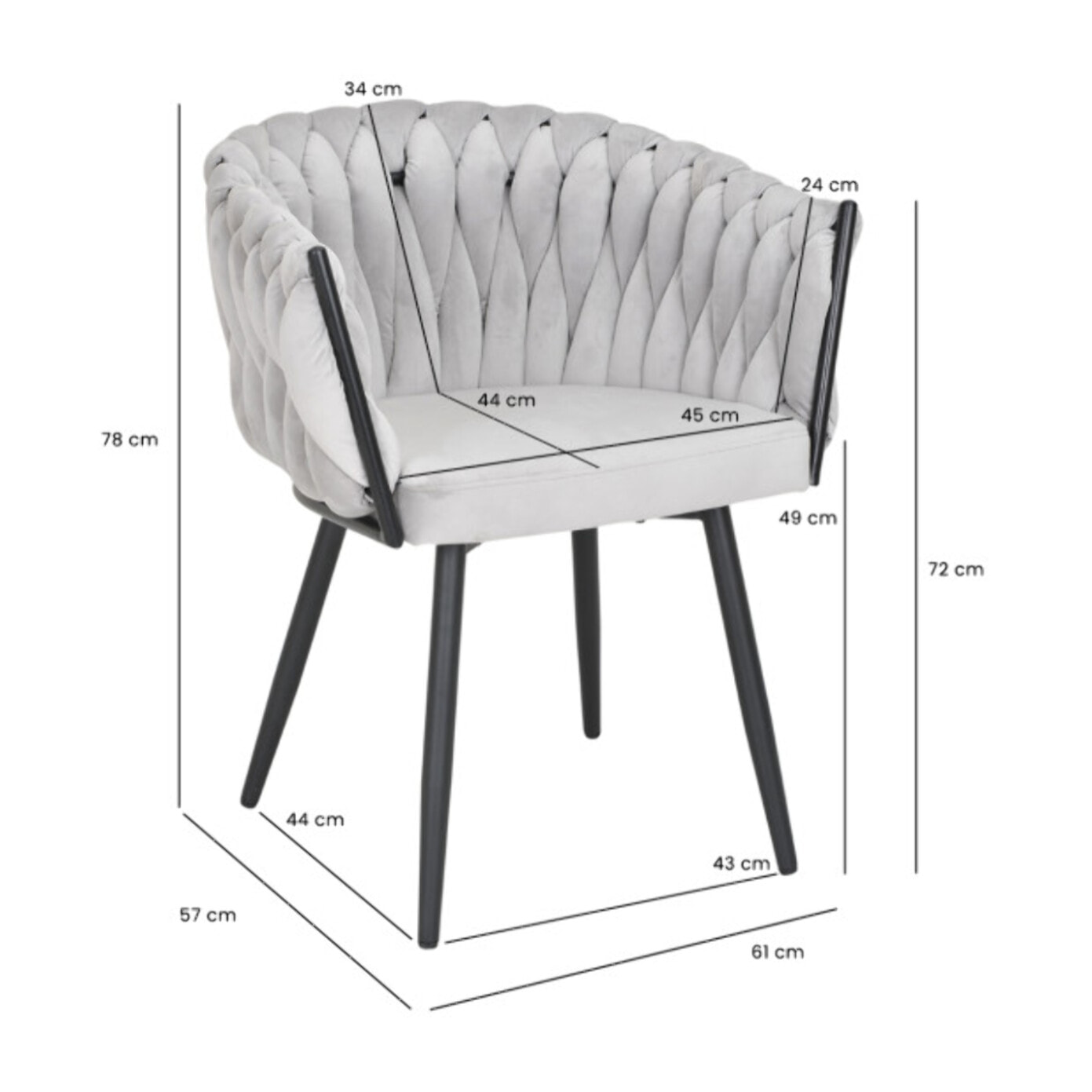 Chaise en velours tressé avec accoudoirs et pieds en métal - MELODIE 2