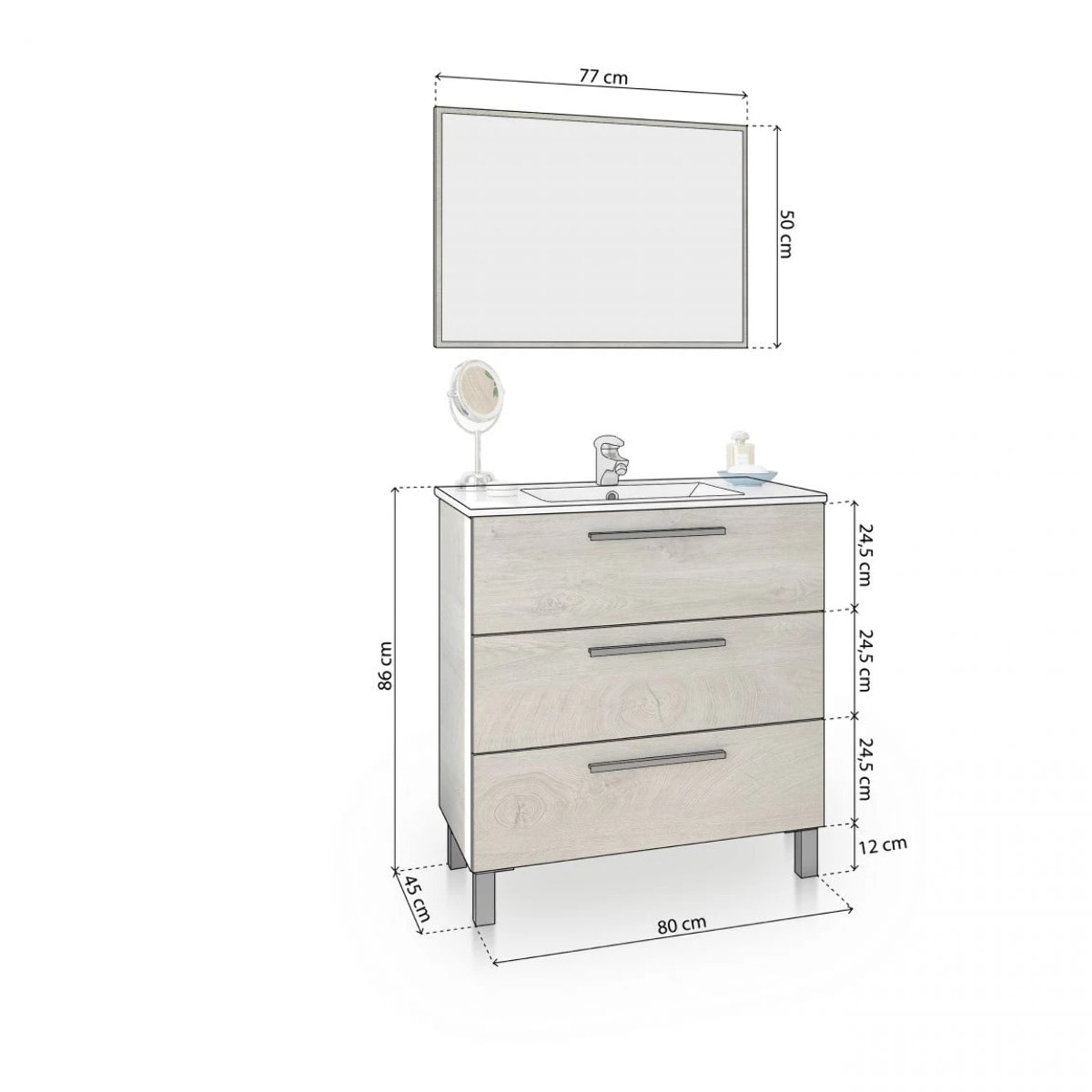 Mueble de baño con espejo Sense 3 cajones Roble Alaska