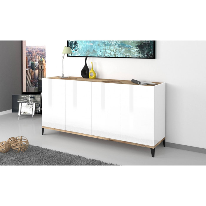 Credenza moderna a 4 ante, Made in Italy, Madia da cucina rialzata, Buffet di design da soggiorno, Cm 160x40h82, Bianco lucido e Acero