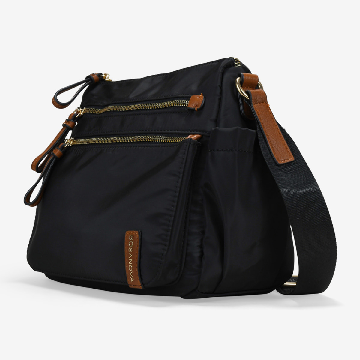 Bolso bandolera negro con cremalleras metálicas