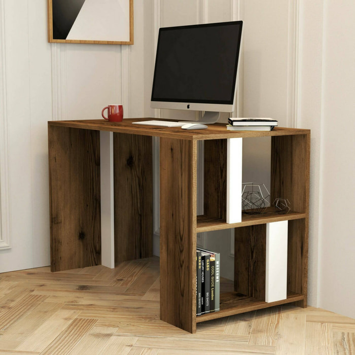 Scrivania Bising, Scrittoio multiuso, Tavolo per ufficio porta PC, Piano di lavoro, 120x60h75 cm, Noce e Bianco