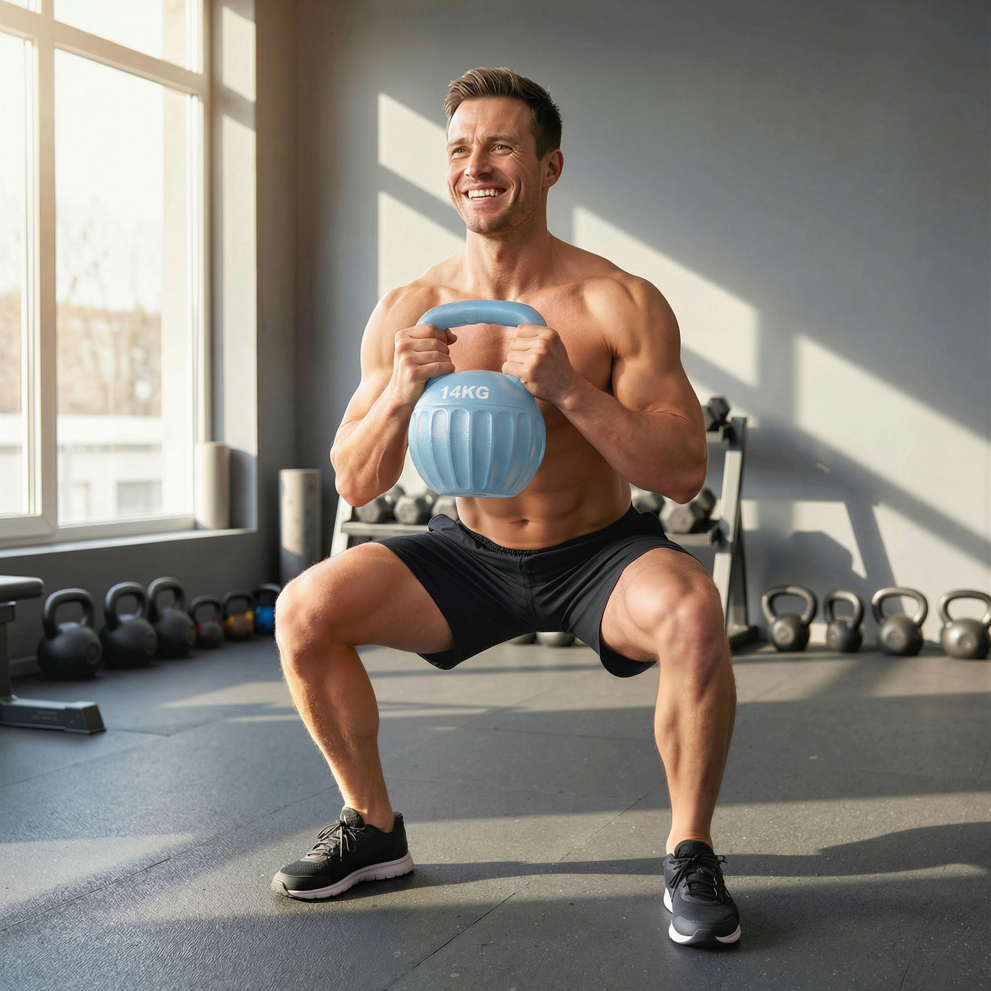 Kettlebell 14 Kg - prise ergonomique - entraînement musculaire & haltérophilie - PP bleu ciel