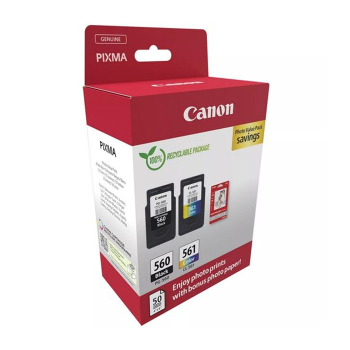 Cartouche d'encre CANON Pack de 2 Originales PG-560/CL-561 Noir et Couleur + Papier - 3713C006