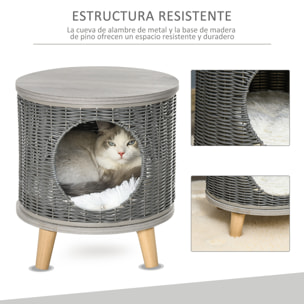 Cueva para Gatos de Ratán Cesta para Gatos Rolliza con Cojín Lavable Plataforma y Patas de Madera de Pino Extraíble Ø36x40,5 cm Gris