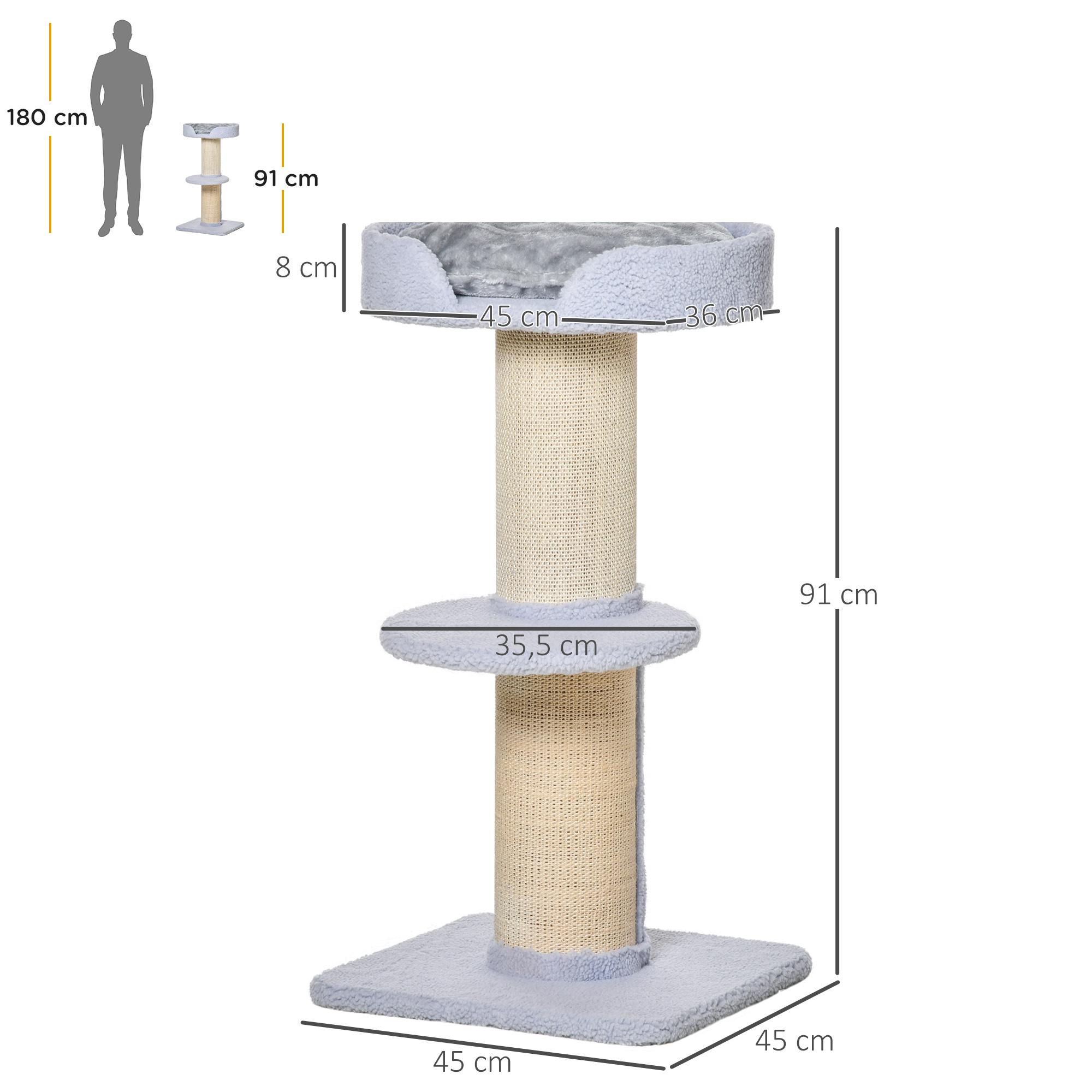 Árbol Rascador para Gatos Altura 91 cm Árbol para Gatos Torre para Gatos de 3 Niveles con Nido Plataforma y Poste de Sisal 45x45x91 cm Azul Claro