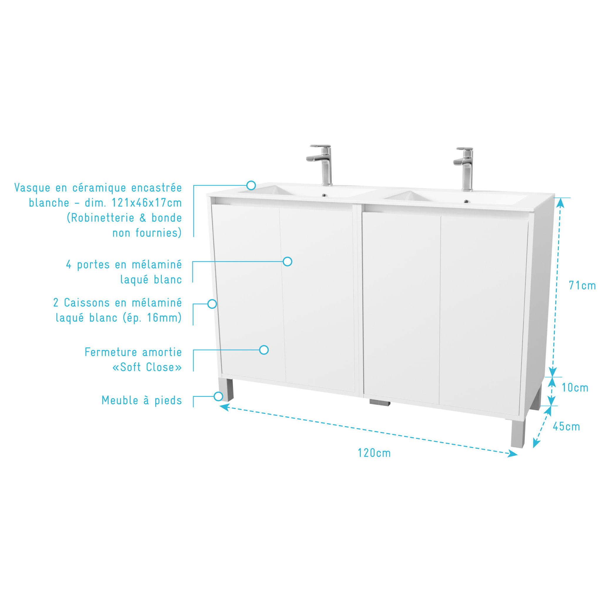 Pack Meuble Salle de Bains 120 cm Laqué Blanc, 4 portes avec Vasque Céramique - XENOS