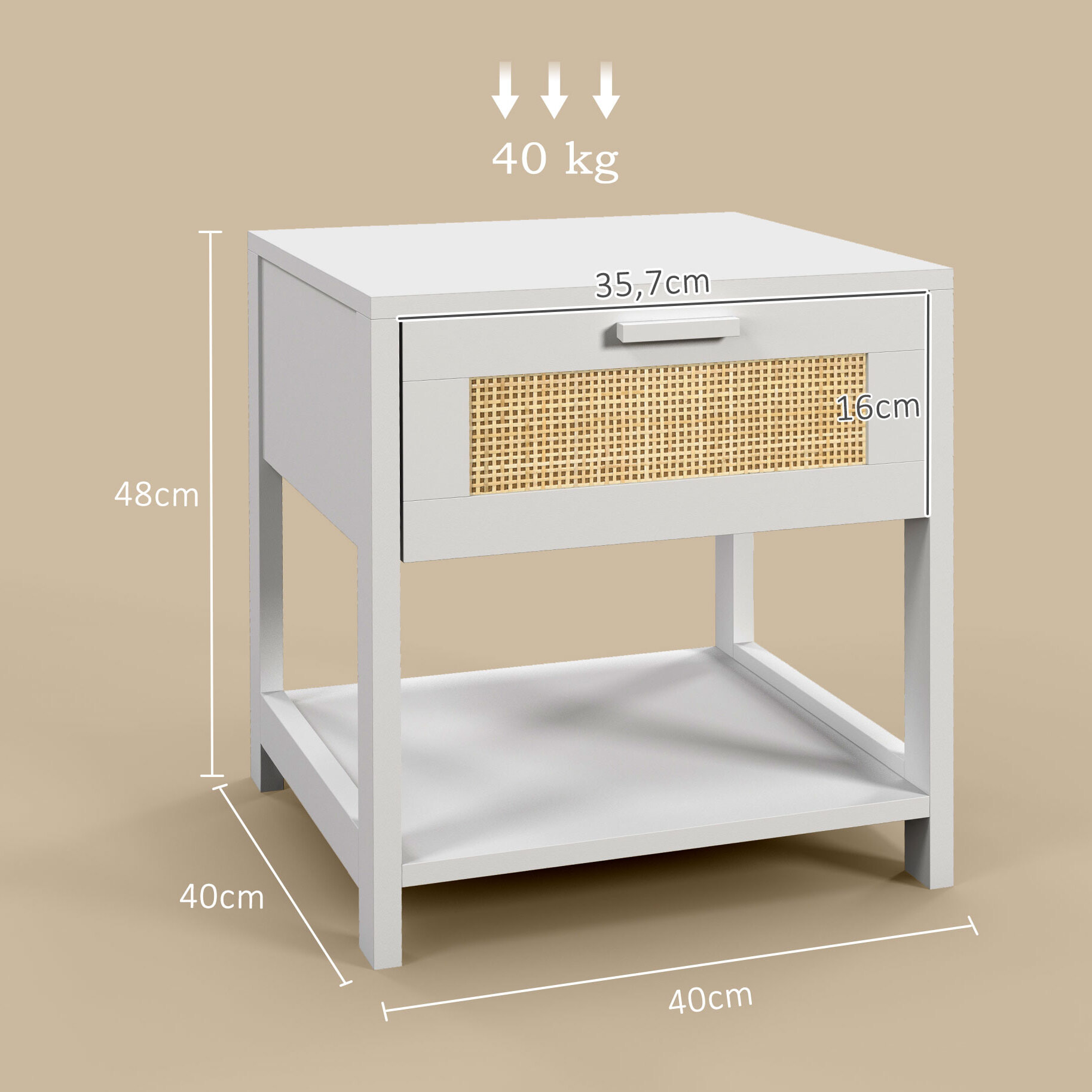 Table de chevet tiroir et étagère cannage en rotin dim. 40L x 40l x 48H cm MDF aspect bois blanc