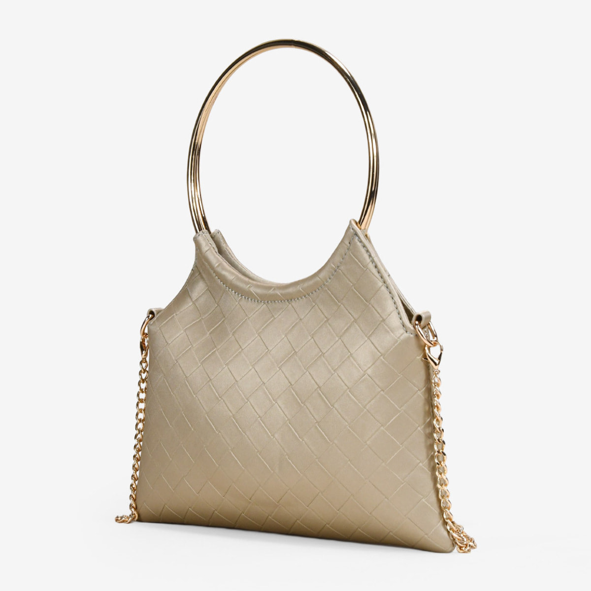 Bolso de fiesta dorado trenzado con asas metálicas