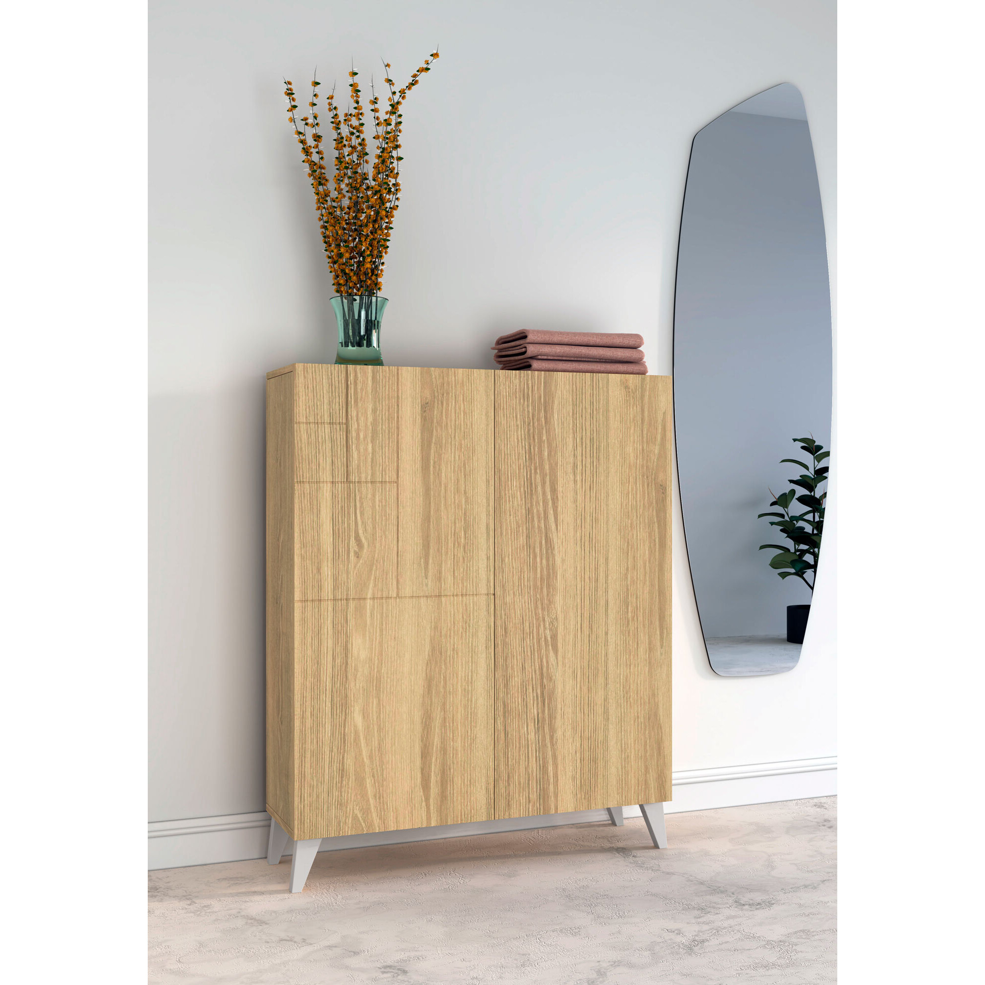 Zapatero Malmo melamina roble dorado patas blanco 109x90x27 cm