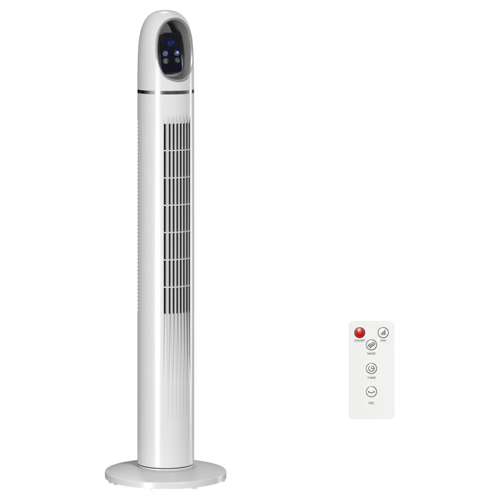 Ventilador de Torre, Ventilador de Pie Silencioso con Control Remoto, 3 Velocidades, 3 Modos, Temporizador 24H, Oscilación 70°, Pantalla LED, para Dormitorio, Blanco