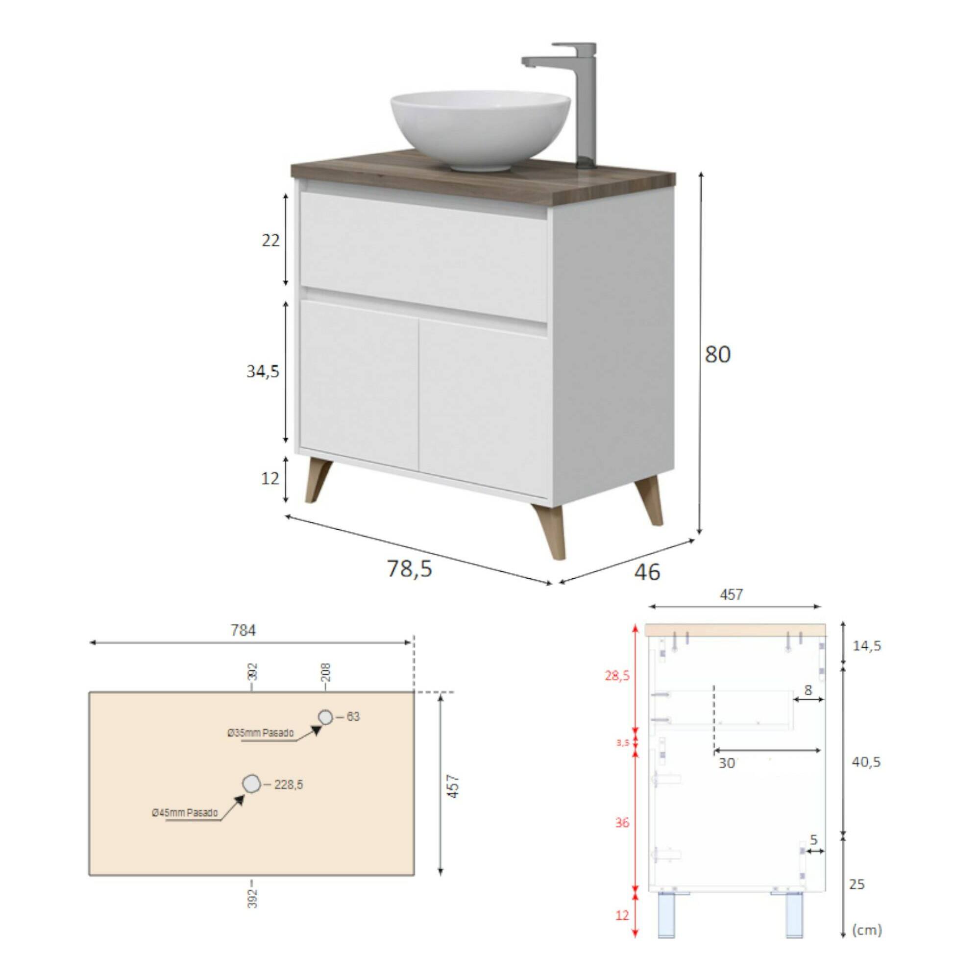 Mobile sottolavabo Berkeley, Mobiletto per bagno a 2 ante e 1 cassetto, Armadietto da terra, lavabo non incluso, 78,5x46h80 cm, Bianco lucido e Olmo