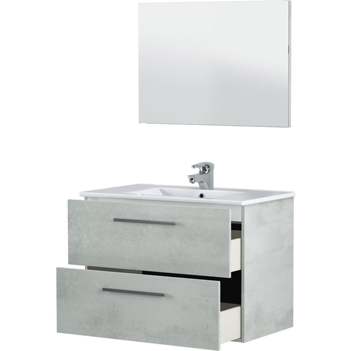 Mobile sottolavabo Inglewood, Mobiletto per bagno sospeso, Armadio a 2 cassetti e specchio, cm 80x45h57, Cemento