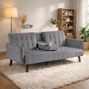 PERTH Canapé 3 places convertible en velours avec tablette centrale rabattable gris