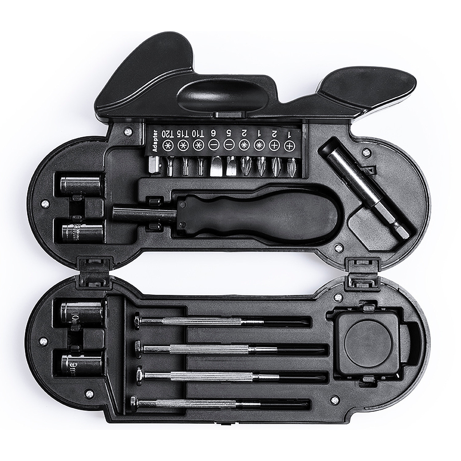 Set di attrezzi Mostik con 21 accessori in custodia con design motociclistico e torcia a LED integrata da 4 LEDs, batterie incluse.