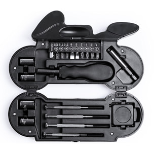 Set di attrezzi Mostik con 21 accessori in custodia con design motociclistico e torcia a LED integrata da 4 LEDs, batterie incluse.