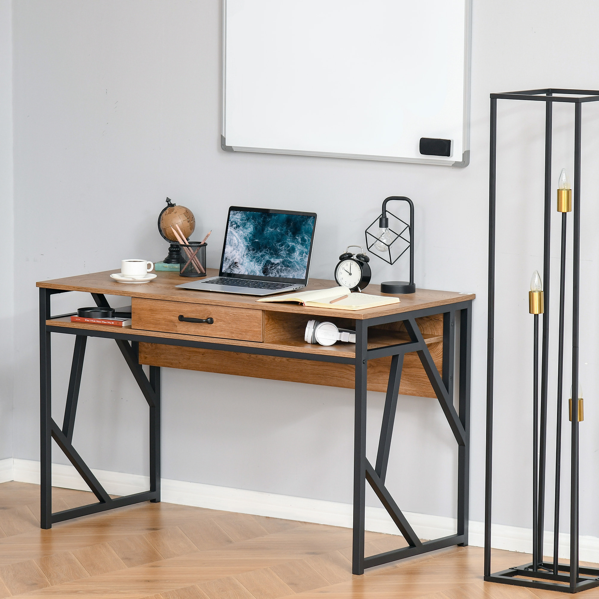 Bureau style industriel dim. 120L x 60l x 76H cm tiroir + 2 niches piètement métal noir plateau aspect bois noyer