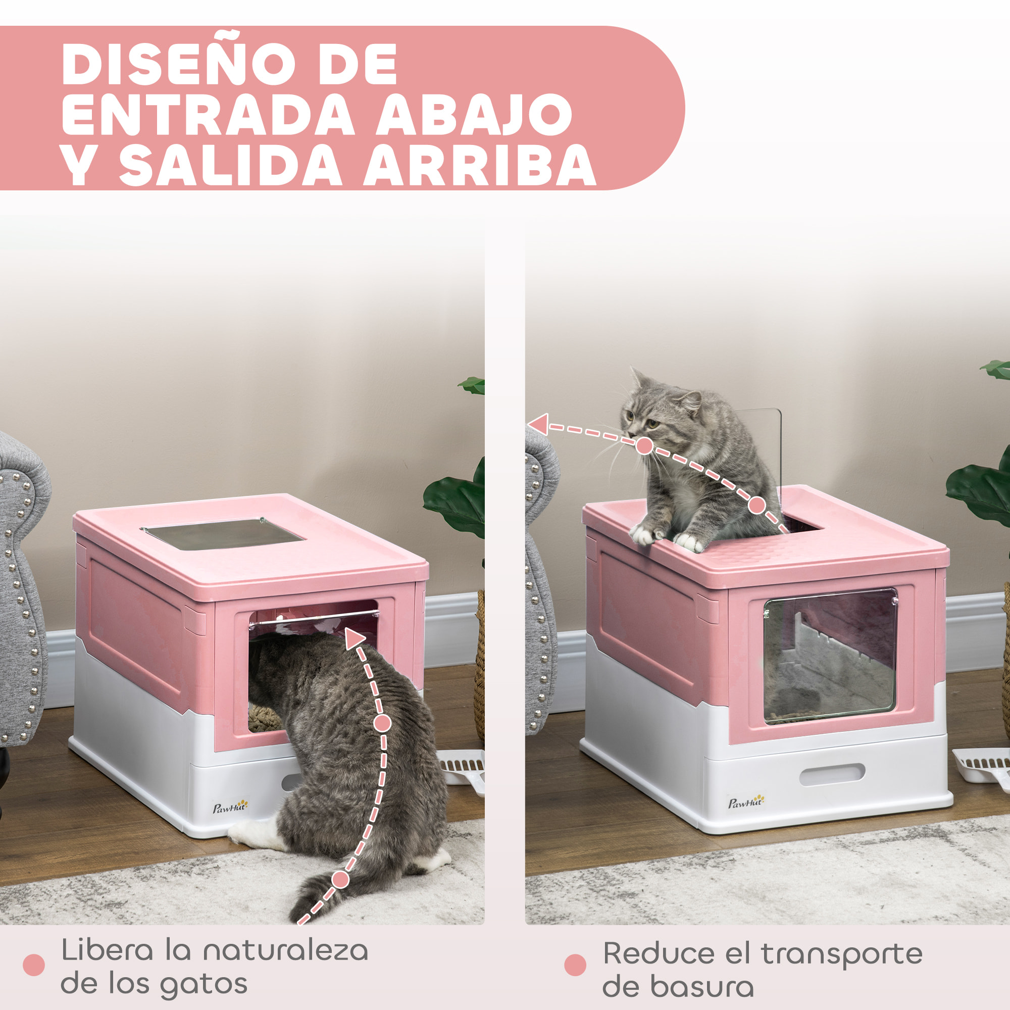 Arenero Cubierto para Gatos Bandeja Higiénica Desmontable con Entrada Frontal y Salida Superior con Pala Incluida para Gatos de hasta 5kg 47,5x35,5x36,7 cm Rosa y Blanco