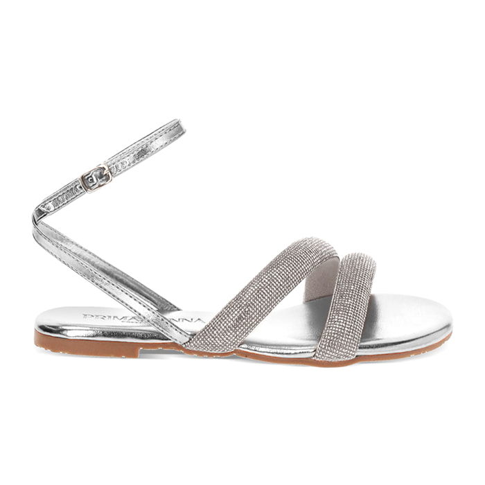 Sandali bassi donna argento in laminato con pietre