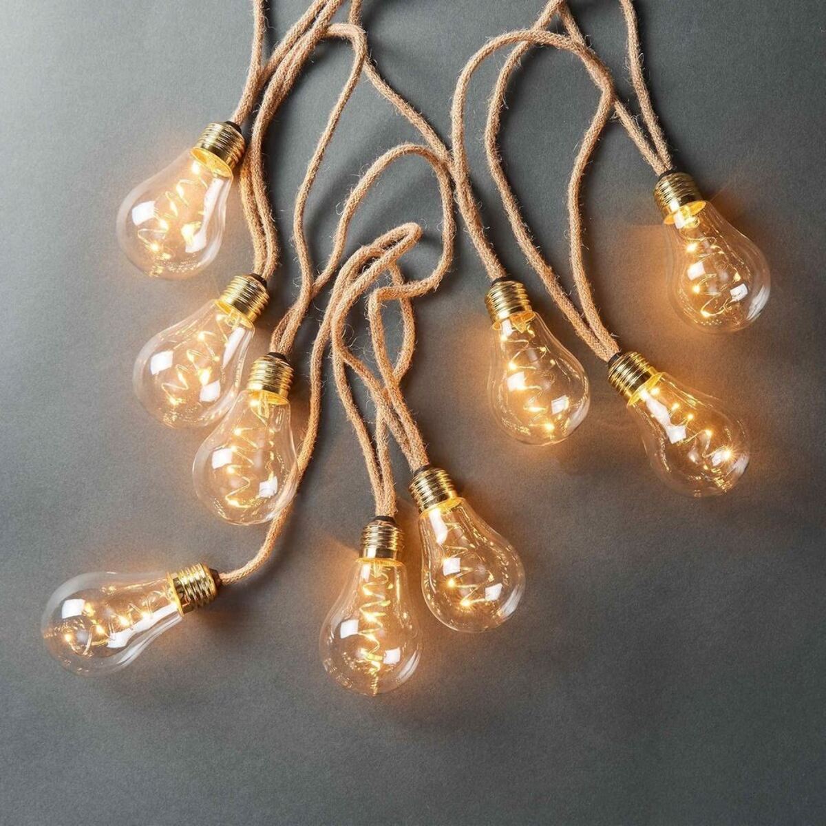 Catenarie per esterno con filo in corda e pannello solare con 20 bulbi