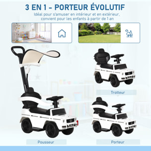 Porteur enfants voiture enfant multi-équipée 12-36 mois klaxon marche-pieds, garde-corps et ombrelle blanc