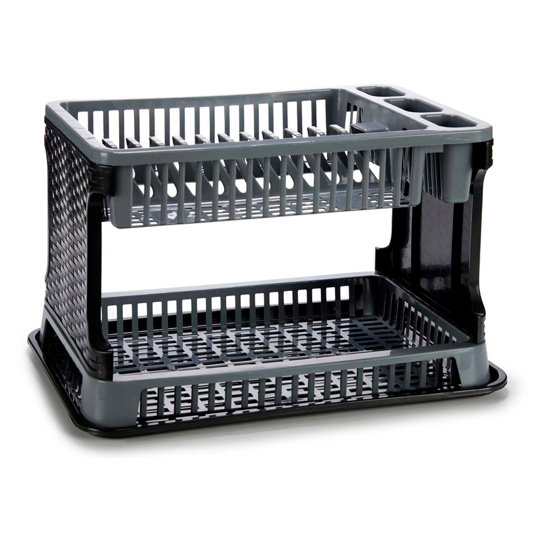 Escurreplatos gris de plástico con 2 pisos.